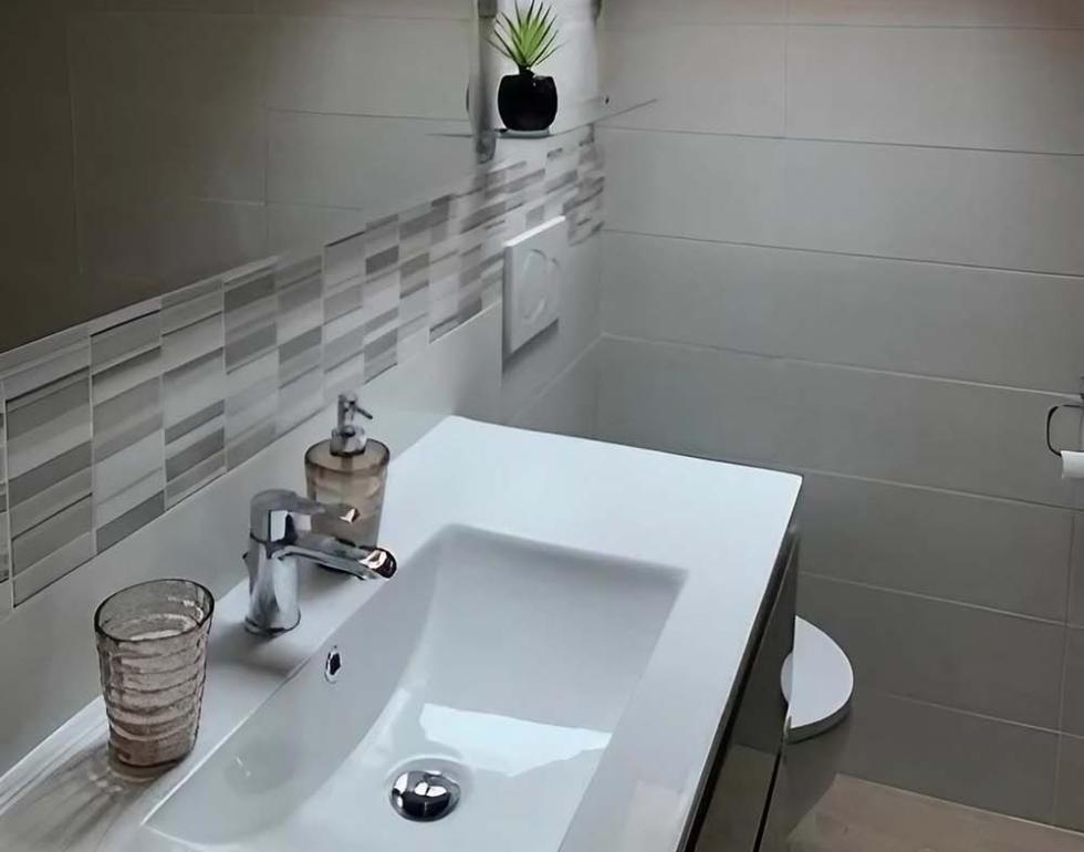 Bagno con lucernari, piante decorative e lavabo moderno.